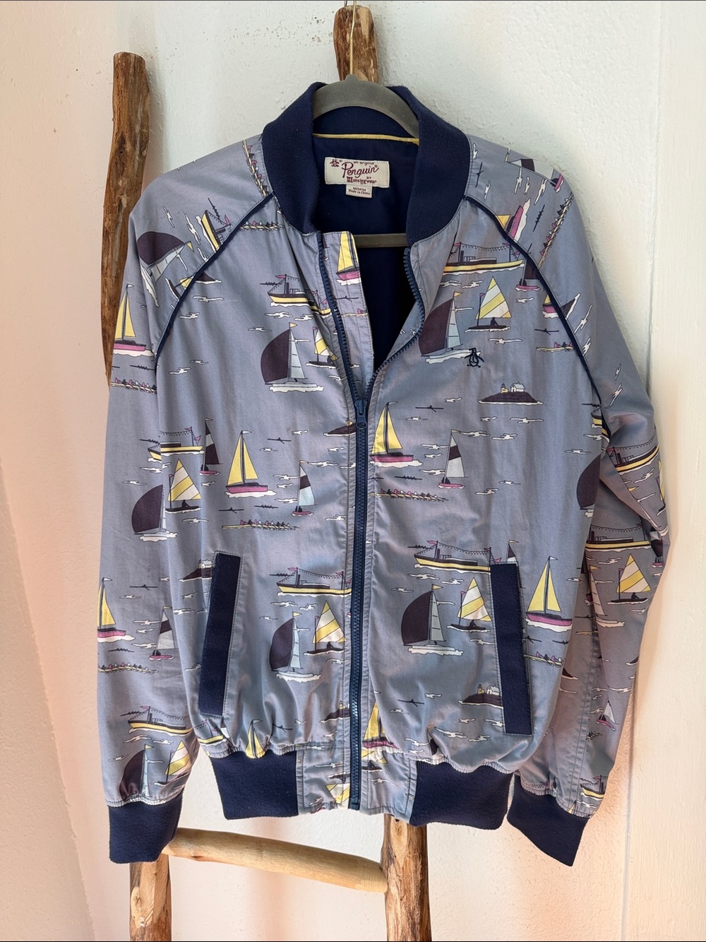 Original Penguin Light Blue Navy Yellow Cotton Bomber Jacket Sailboats Water M